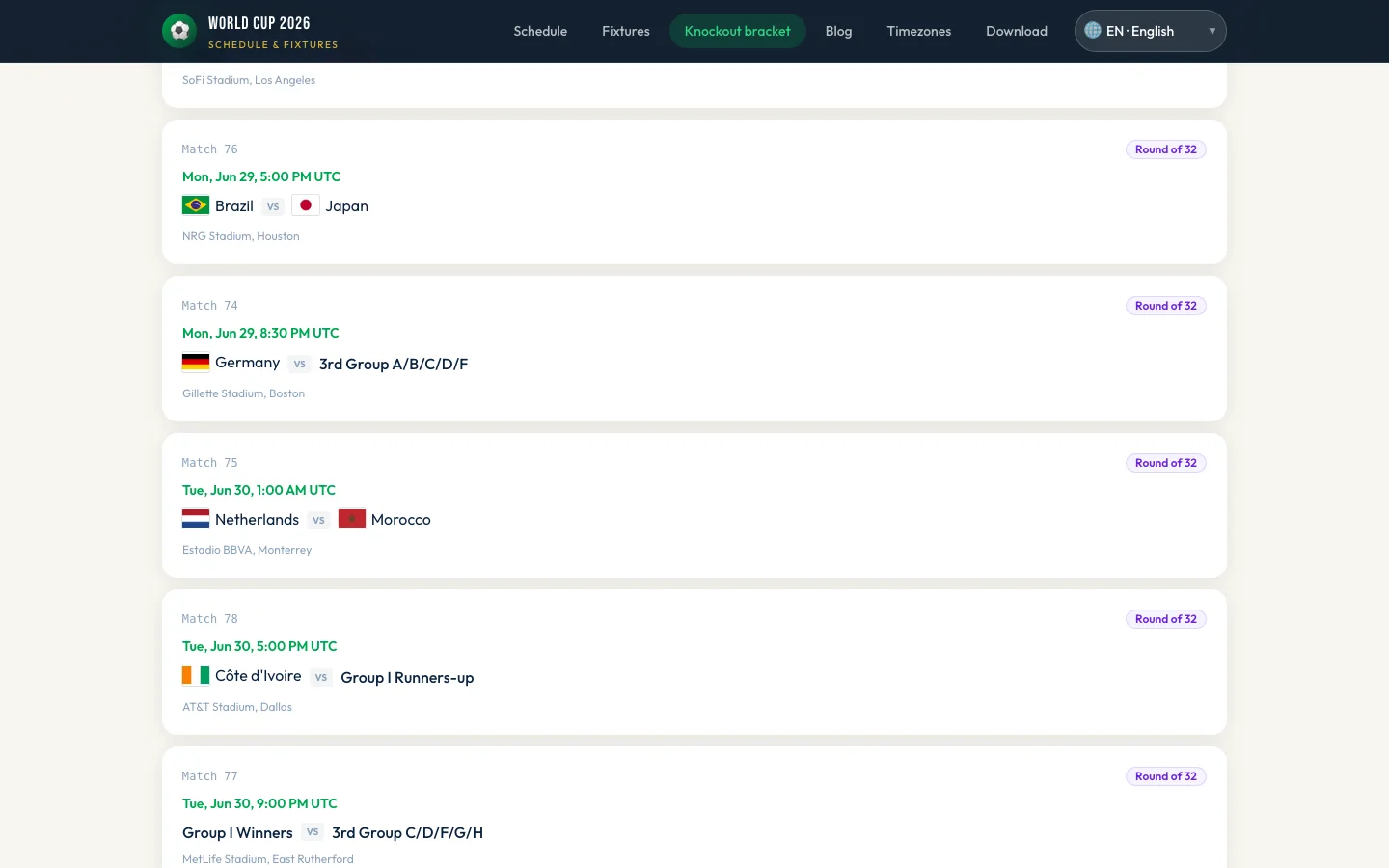 World Cup 2026 knockout schedule page with USMNT Round of 32 match