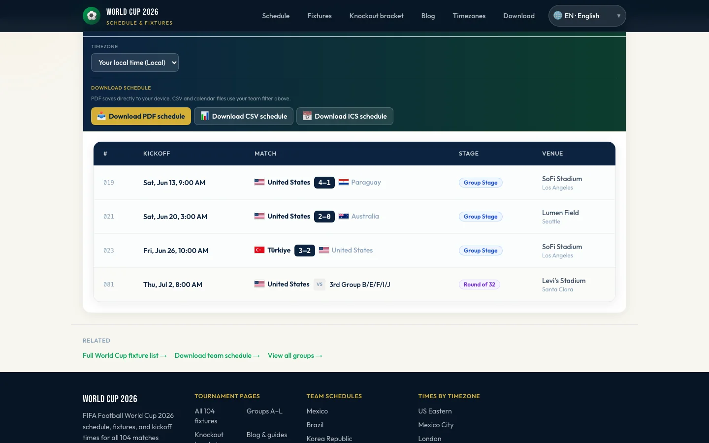 USA team schedule page with Group D and knockout fixtures