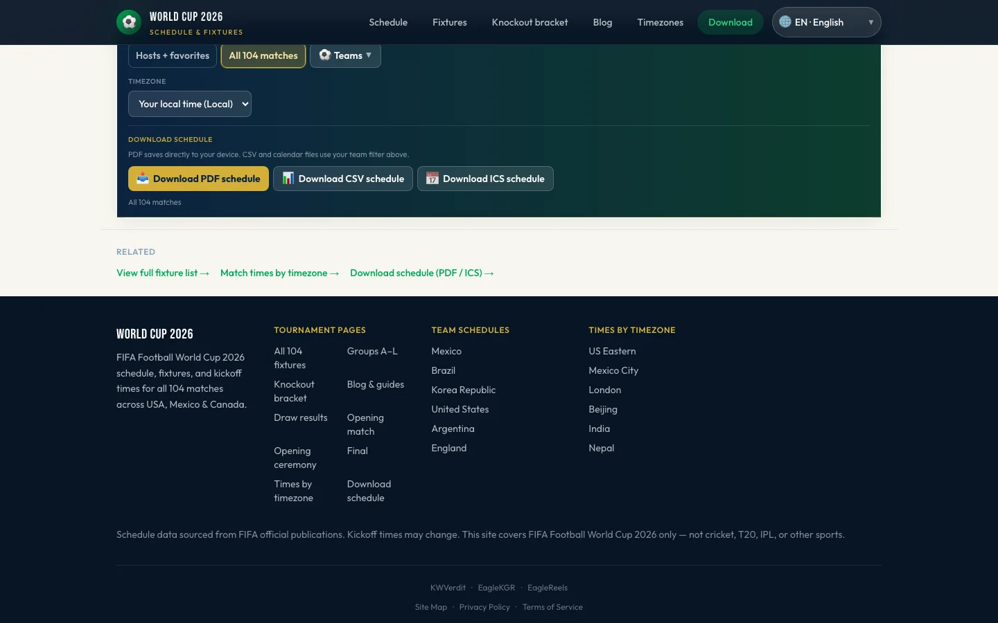 World Cup 2026 download page with ICS calendar export