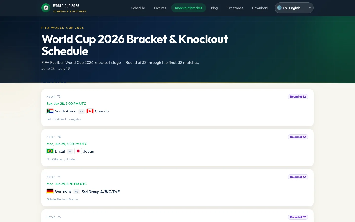 Live World Cup 2026 knockout bracket on schedule site