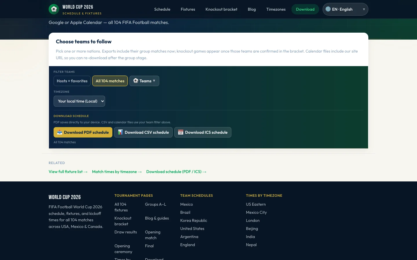 World Cup 2026 download hub with PDF CSV and ICS export options