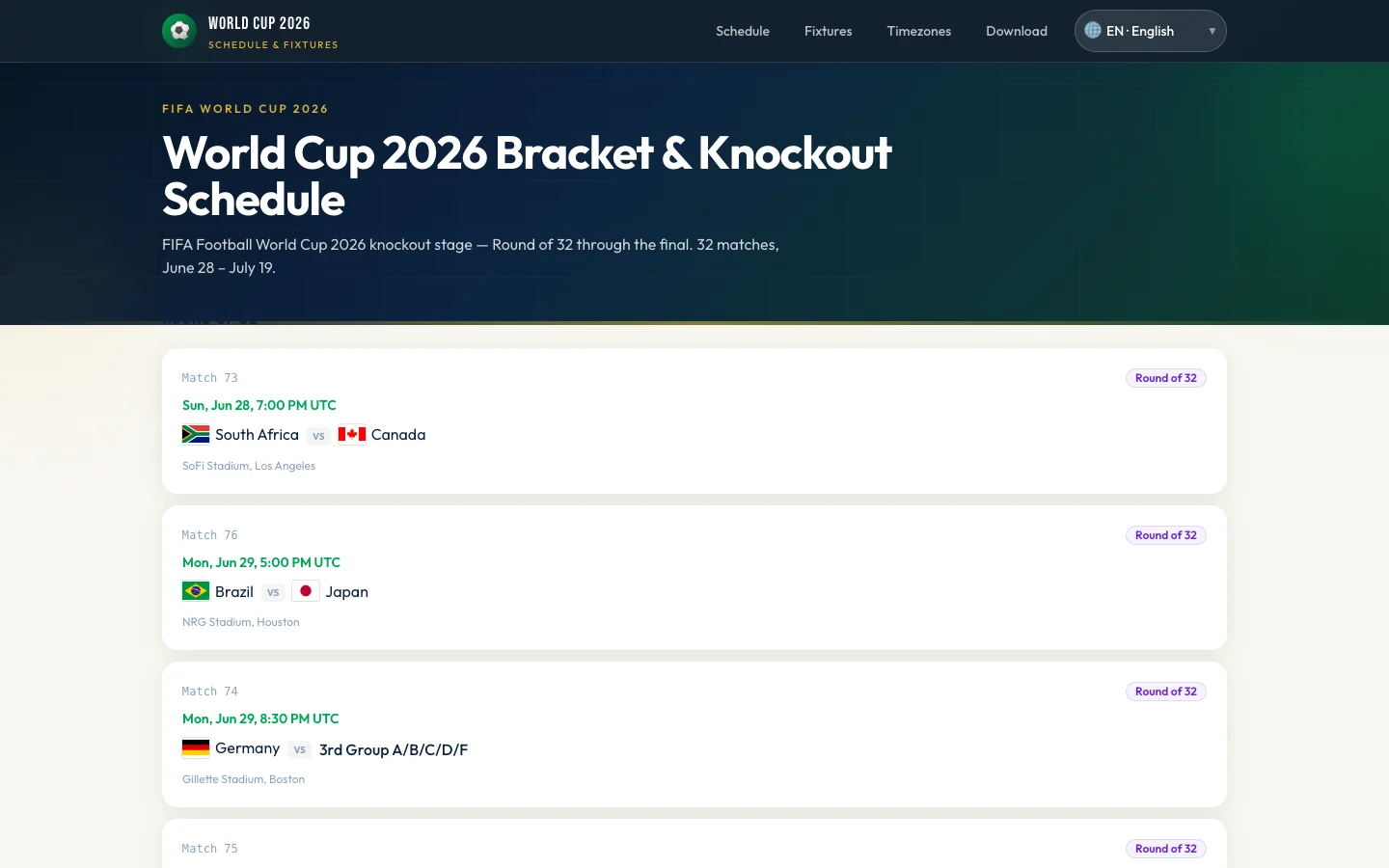 World Cup 2026 Schedule site knockout bracket page with match times