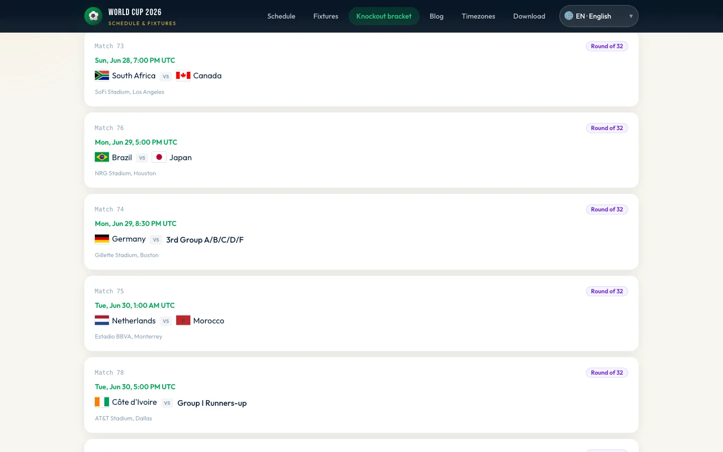 World Cup 2026 knockout bracket with third-place placeholder slots